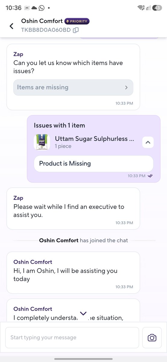 arorapreets's tweet photo. @ZeptoNow Missing item in Order #TKBB8D0A060BD (5kg sugar not delivered). Chat support agent 'Oshin' is refusing to process the refund or help and asking to close the chat. Please intervene and process my refund immediately. https://t.co/vWa0GUeYuj
