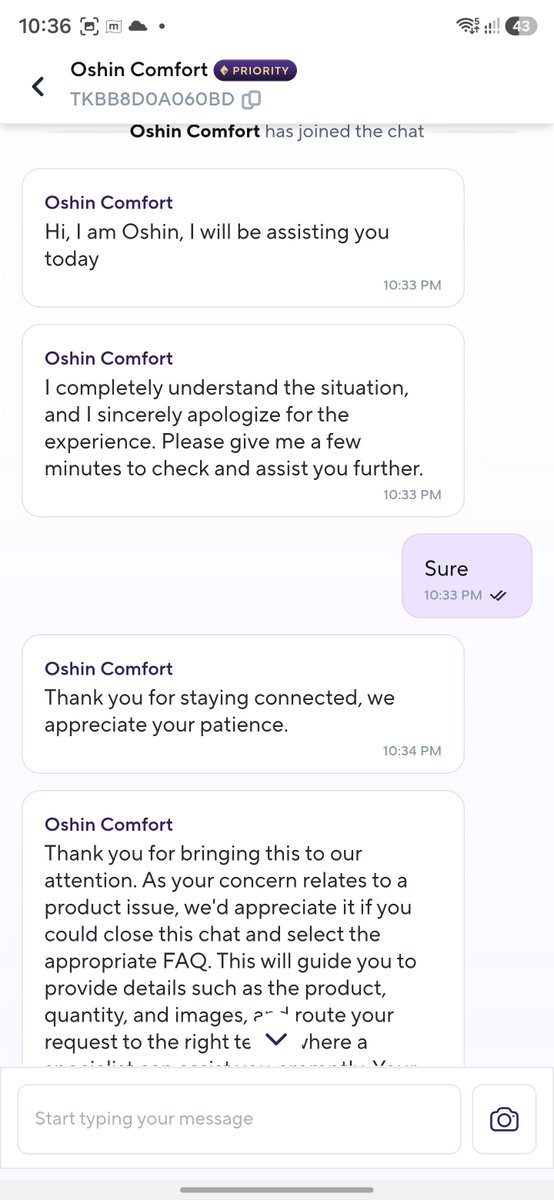 arorapreets's tweet photo. @ZeptoNow Missing item in Order #TKBB8D0A060BD (5kg sugar not delivered). Chat support agent 'Oshin' is refusing to process the refund or help and asking to close the chat. Please intervene and process my refund immediately. https://t.co/vWa0GUeYuj