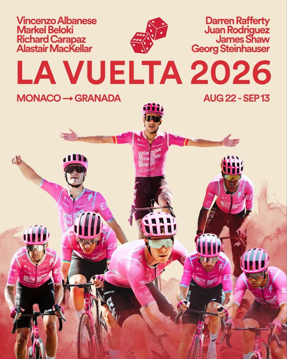 EFprocycling's tweet photo. Ready to roll the dice at La Vuelta 🎲 

La Locomotora leads our eight-rider squad with GC ambitions. 

https://t.co/kfxdFNhpt6 https://t.co/IylEEVCH59