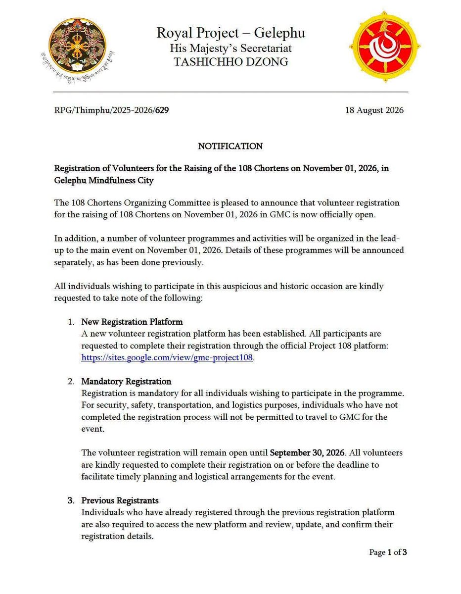 BhutanT's tweet photo. Project 108: Volunteer Update 

We are pleased to share that the volunteer registration for 1 November 2026 is officially open. 

In addition, a number of volunteer programmes and activities will be organised in the lead-up to the main event on November 01, 2026.. https://t.co/iqrAsjd0Il