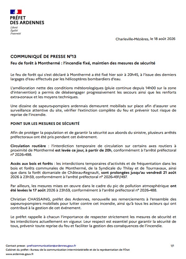 Image de Préfet des Ardennes : #information | Retrouvez le dernier communiqué de presse relatif à l'incendie de Monthermé. Ce feu d