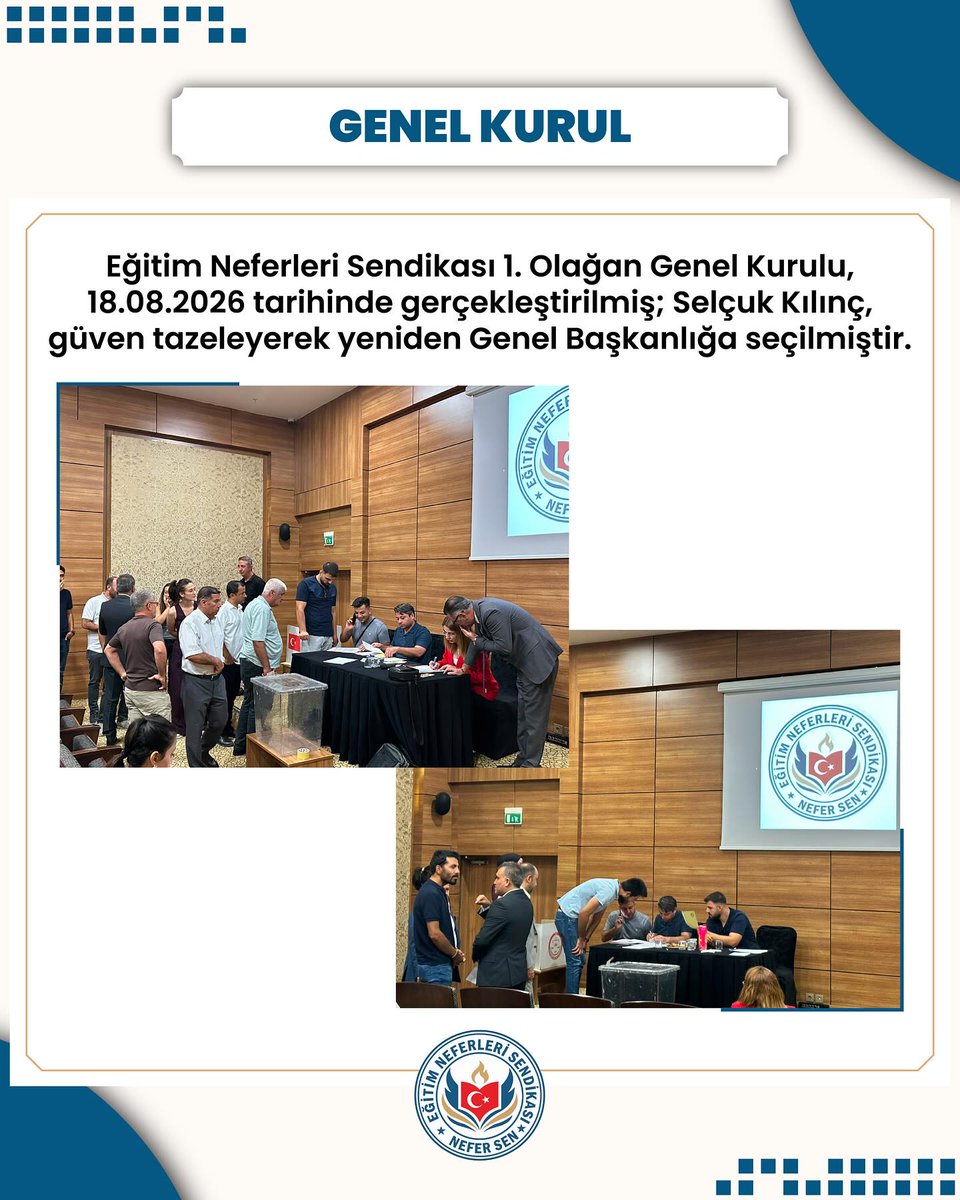 nefersendika's tweet photo. **GENEL KURULUMUZ GERÇEKLEŞTİ** Eğitim Neferleri Sendikası 1. Olağan Genel Kurulu, 18 Ağustos 2026 tarihinde . Genel Kurulumuzda Üyelerimizin teveccühüyle Selçuk Kılınç, güven tazeleyerek yeniden Genel Başkanlığa seçildi. #EğitimNeferleriSendikası #NeferSen #meb https://t.co/0Dz3KPntKi