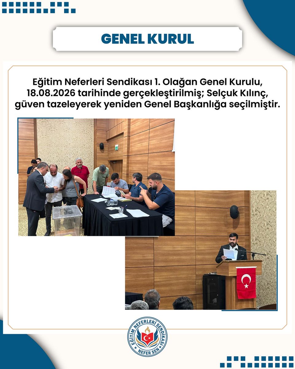 nefersendika's tweet photo. **GENEL KURULUMUZ GERÇEKLEŞTİ** Eğitim Neferleri Sendikası 1. Olağan Genel Kurulu, 18 Ağustos 2026 tarihinde . Genel Kurulumuzda Üyelerimizin teveccühüyle Selçuk Kılınç, güven tazeleyerek yeniden Genel Başkanlığa seçildi. #EğitimNeferleriSendikası #NeferSen #meb https://t.co/0Dz3KPntKi
