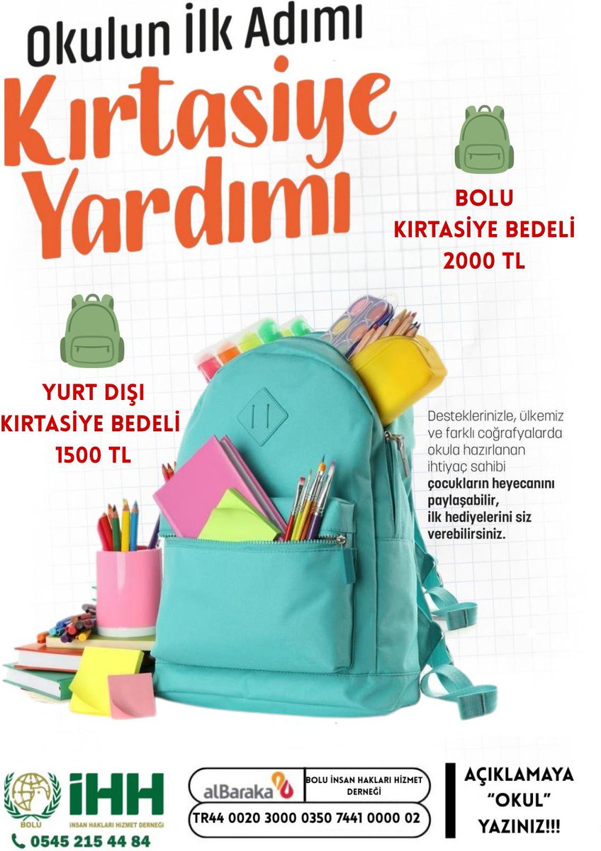 IhhBolu's tweet photo. Desteklerinizle, ilimiz ve farklı coğrafyalarda okula hazırlanan ihtiyaç sahibi çocukların heyecanını paylaşabilir, ilk hediyelerini siz verebilirsiniz. 

📚 Kırtasiye seti: https://t.co/4en1h3FkK1
