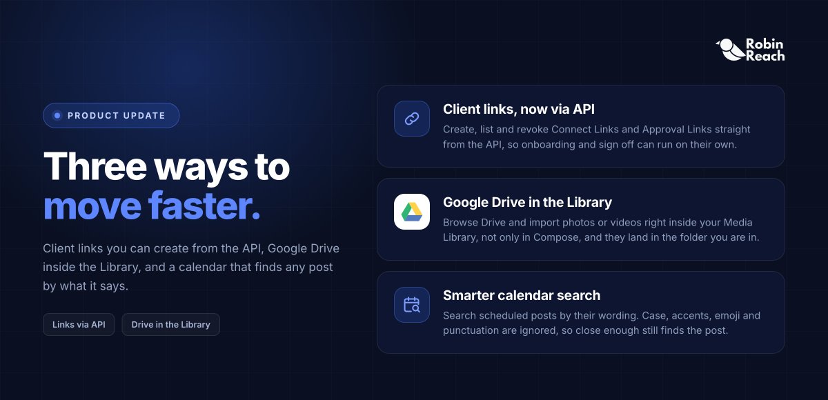 robinreachapp's tweet photo. We've been busy! 🚀 Not with a giant new features checklist but with small changes to make RobinReach feel better to use. This week:

🔗 API + MCP support for links 
📁 Google Drive in Media Library 
🔎 Smarter Calendar Search 
✨ 10+ UI improvements https://t.co/fsBakHCXVF