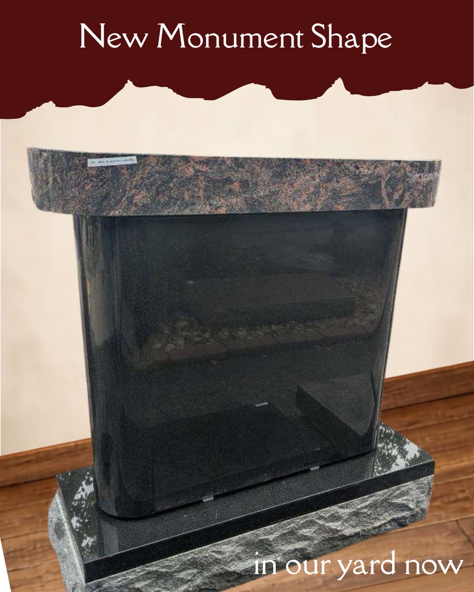 ShaferMemorials's tweet photo. Blending the stovepipe curved sides of the deep black granite in the center with the complimenting curve of the top cap shown in this vibrant granite color.  This is a unique headstone and worth a look. Now in our outdoor display.
#shapedheadstones #cemetery #headstone #planahead https://t.co/pHJMxhBlj4
