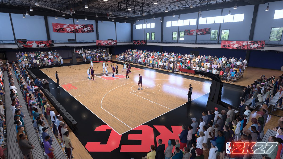 2KDispatch's tweet photo. NEW REC ENVIRONMENTS in #NBA2K27 🏀

Inspired by community feedback, you can now squad up with friends and load into five rotating REC environments:

• Outdoor Court
• High School Gym
• Private Gym
• Crowded Arena
• Season-Themed Venue https://t.co/EWeEn9bw0s