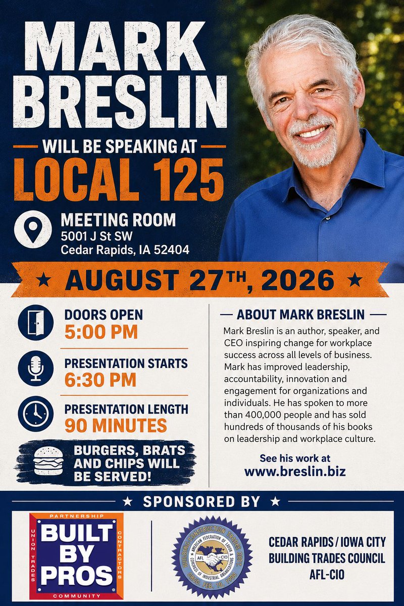 IUPATDC81's tweet photo. Join Mark Breslin—author of Survival of the Fittest and Alpha Dog—Aug 27 at Plumbers &amp; Pipefitters Local 125 Hall (5001 J St SW, Cedar Rapids, Iowa). Doors open @ 5:00 PM • Presentation @ 6:30 PM. https://t.co/4k6xDwhWaE