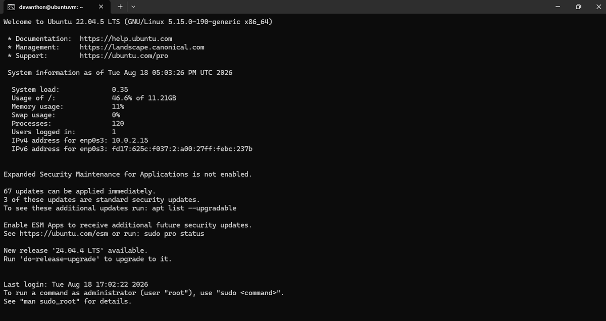AnthonyNebenmor's tweet photo. Progress in my DevOps journey: virtualization.

Learned Host, Guest VM, Hypervisor (Type 1 vs Type 2).

Clean win with Ubuntu Server, logged in via Git Bash.

Next: Vagrant.

#BuildInPublic #DevOps https://t.co/kA57xIzHEH