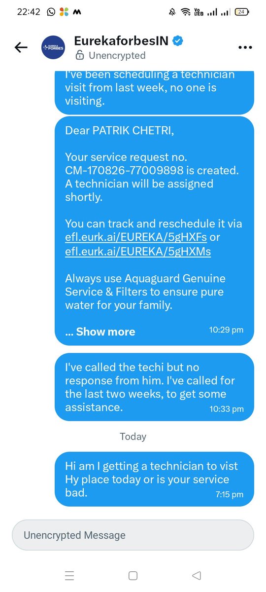 ChettriPatrick's tweet photo. @EurekaforbesIN @Eureka_ForbesIN 
You asked to DM. Is your after service so bad, that your technician is busy for the last 2 weeks. This is the customer service you talk about. Really disappointed and frustrated. Be direct if you're not sending anyone, don't waste my time. https://t.co/J8AO539hNw