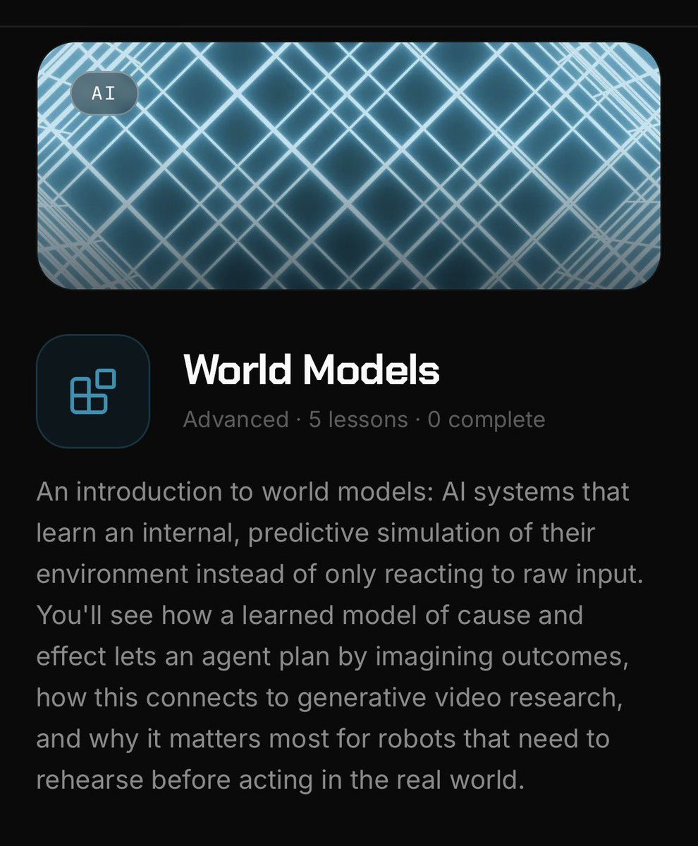 multichainbuild's tweet photo. 📚 Course spotlight: World Models

Teach a machine to imagine what happens next, before it happens.

Advanced · AI · Free

https://t.co/KlN3XYzo9z https://t.co/BhQRMRzpY9