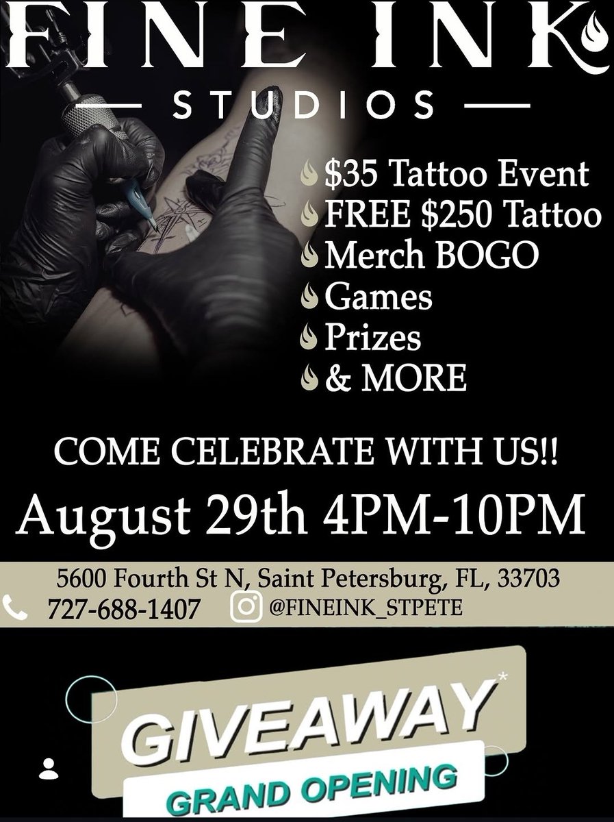 SinfulArtInk's tweet photo. HEY St Pete/Tampa
Our GRAND OPENING Party is in less than 2 weeks!
August 29th 4pm-10pm
$35 tattoos, $40 Piercings (see image)
We will be posting more details and photos of flash as we get closer to the big day
FOLLOW US ON INSTAGRAM
@ fineink_stpete https://t.co/fvuU0hUfDD