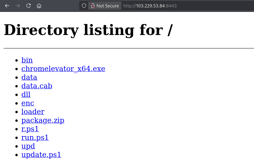 Yusufcancakiir's tweet photo. Found http://103.229.53[.]84:8443 through @Huntio  during a C2 hunt. The host had directory listing enabled, which exposed several PowerShell loaders along with chromelevator_x64.exe, package[.]zip, data[.]cab, and a few encoded payload variants.

The loaders use more than one delivery method. One pulls the payload directly, another retrieves an XOR-encoded /bin object and decodes it with key 42, while other variants make use of certutil and different Windows process execution methods. The decoded PE is then launched with ChromElevator's output arguments and pointed at a local output directory.

From there, the scripts look for generated browser artifacts such as cookies, passwords and tokens. Cookie data is additionally transformed into a format that can be imported back into a browser session, after which the collected output is compressed and exfiltrated through Telegram.

The interesting part is that the Telegram bot token and destination are hardcoded across the chain, which provides a useful pivot into the operator's surrounding infrastructure.
