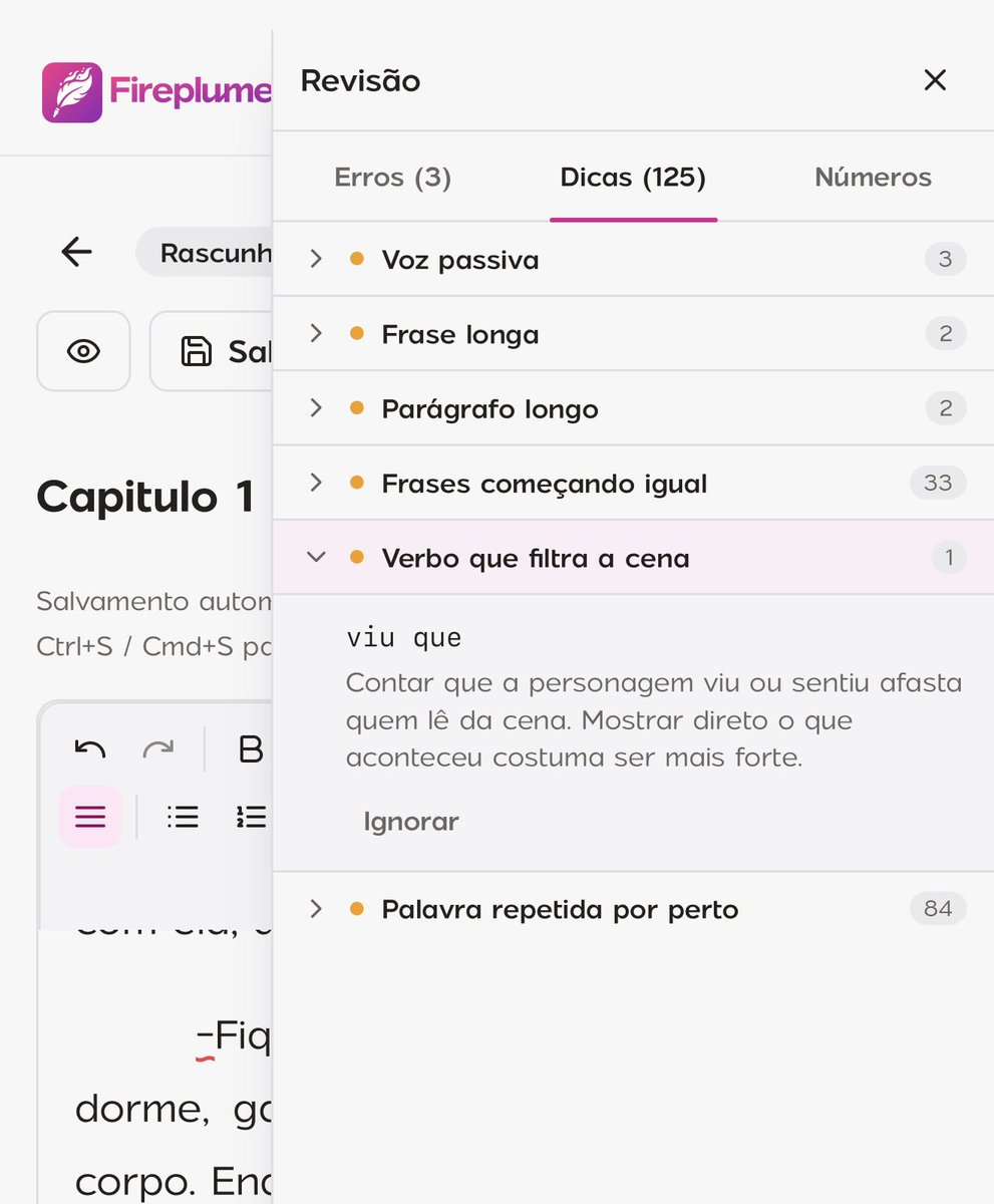 fireplumeapp's tweet photo. Você sabia que na nova revisão do Fireplume web o editor te ajuda a corrigir os erros ortográficos do seu livro? Chega de travessão com hífen e espaços em branco esquecidos, o editor te ajuda a arrumar tudo de modo simples e rápido 🤩 https://t.co/rDi5FBMoKm