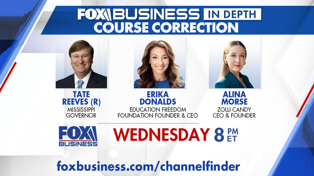 FoxBizInDepth's tweet photo. Join @tatereeves, @ErikaDonalds, @AlinaStarrMorse and top experts as they explore how the next generation is redefining education and opportunity as they prepare for the economy of tomorrow 🎓💡 

#CourseCorrection hosted by @BrianBrenberg TOMORROW at 8pm ET on @FoxBusiness! https://t.co/TJkO1PYaU9