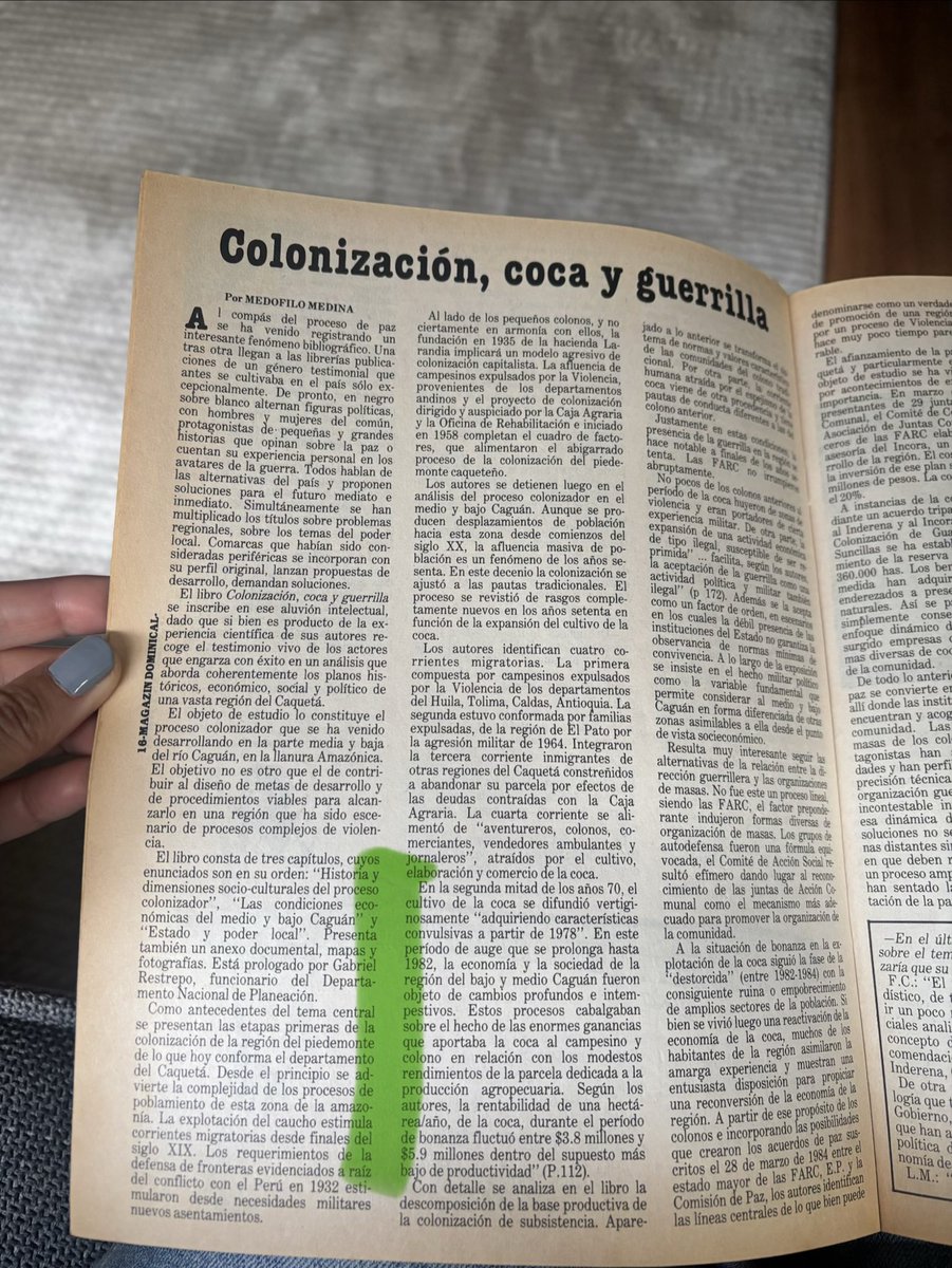 MajaVelez's tweet photo. Encontré en la casa de un familiar este magazin de @elespectador de 1986. En particular me llamó la atención este artículo que nos recuerda que estamos sostenidos en el tiempo hablando de los boom cocaleros y su impacto en las regiones. 40años después y la historia se repite… https://t.co/lnvut87qdl