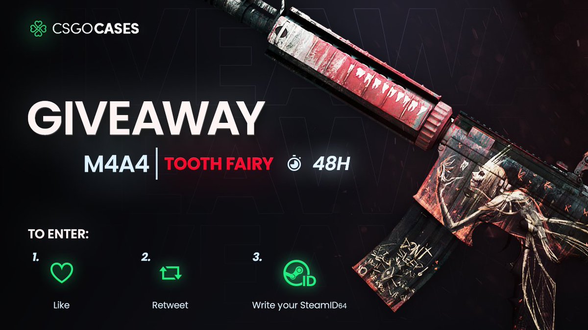 csgocasescom's tweet photo. 💥StatTrak™ M4A4 | Tooth Fairy (WW) GIVEAWAY💥

How to Enter: 
💗Like
🔁Retweet
✍️Write your SteamID64

🎁Winner will be announced after 48h⏰

#cs2giveaways #cs2skins #csgocases #cs2skinsgiveaway #cs2community #giveaway #CS2Giveaway #CS2 #CounterStrike2 #CS2 https://t.co/W1HBPYKFFp
