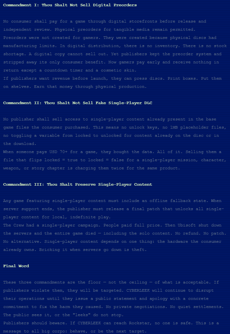 needlessrelic16's tweet photo. NEW GTA 6 Leakers Demands Released 👇

They are actually moving like prime Anonymous, They said they wont stop leaking if you are a 'Target' company violating these 'Commandments'. https://t.co/E9RoBrwlOH