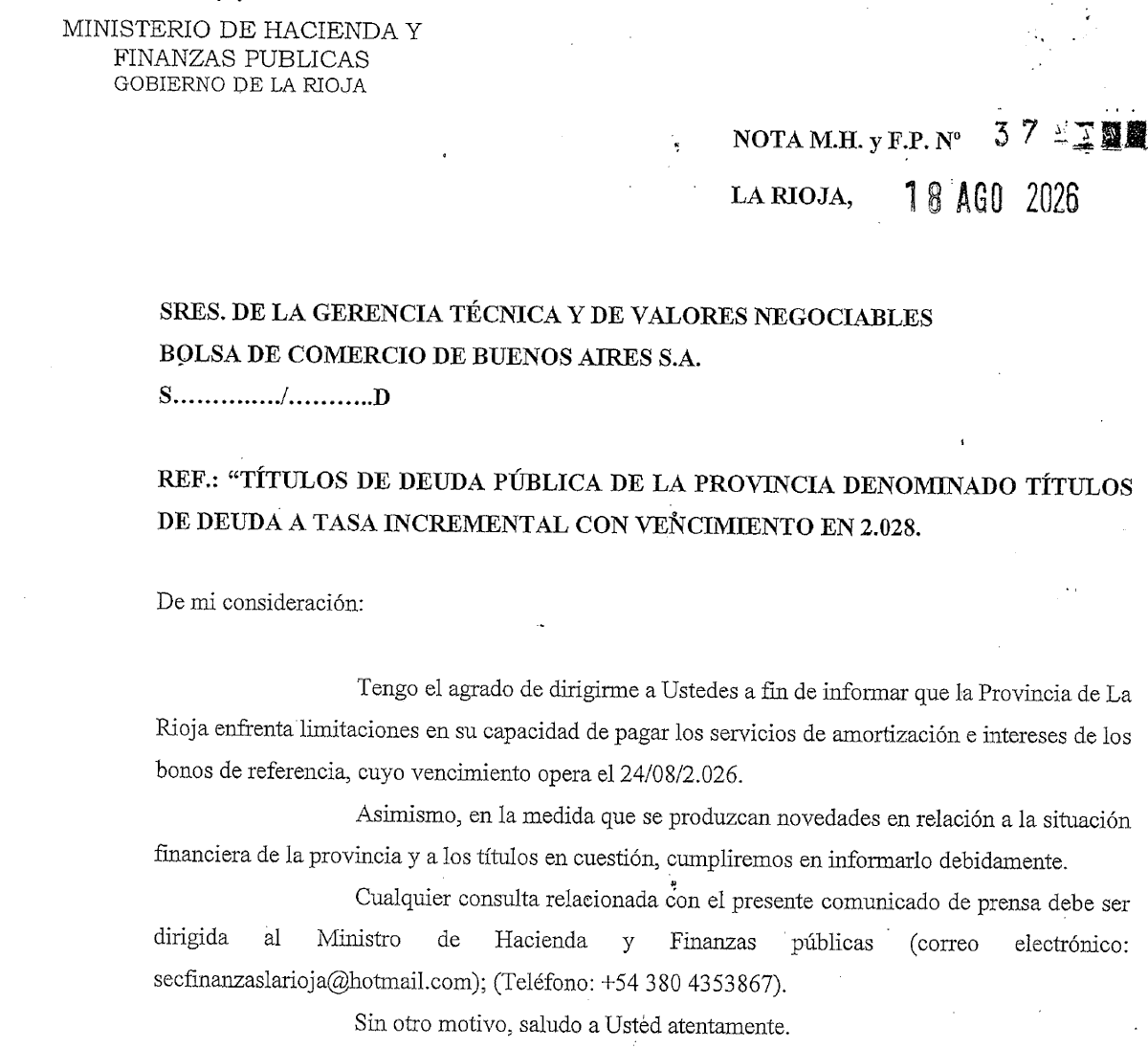 Inverandinas's tweet photo. Mientras La Rioja anuncia el relanzamiento de su cuasimoneda, los "Chachos" comunica que sigue en default sin pagar servicios de amortización e intereses de bonos con vencimiento en 2028.

Además invita a los acreedores a comunicarse a su casilla de hotmail para consultas. https://t.co/YAawKvXCx5