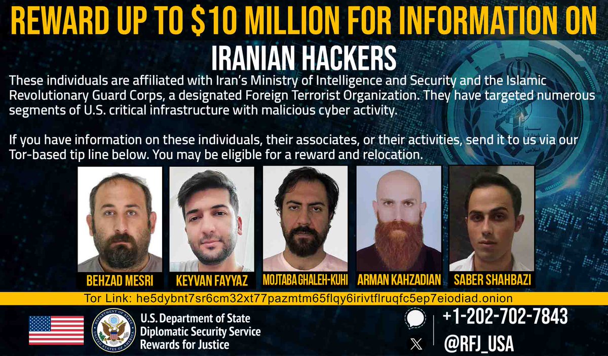 RFJ_USA's tweet photo. These men conduct hacking and data theft against the United States and its allies on behalf of the Iranian government. Help us stop them. Submit a tip. 

https://t.co/eaaU1sbfrE https://t.co/ZT8PvIZsiD