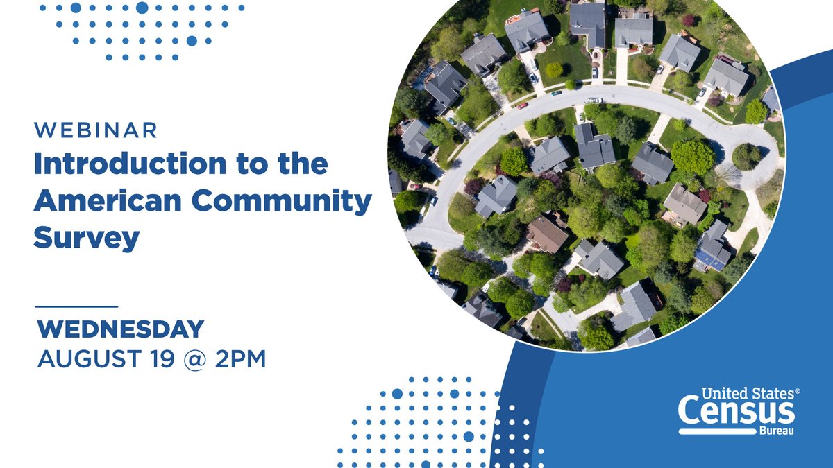 uscensusbureau's tweet photo. Discover the detailed social, economic, housing, and demographic statistics that the #AmericanCommunitySurvey provides for every community every year.
Join us Wednesday to learn the basics of the yearly estimates and how to access #ACSdata.
๐ป https://t.co/ucb1Tic8ub https://t.co/Hxhp8uCD61