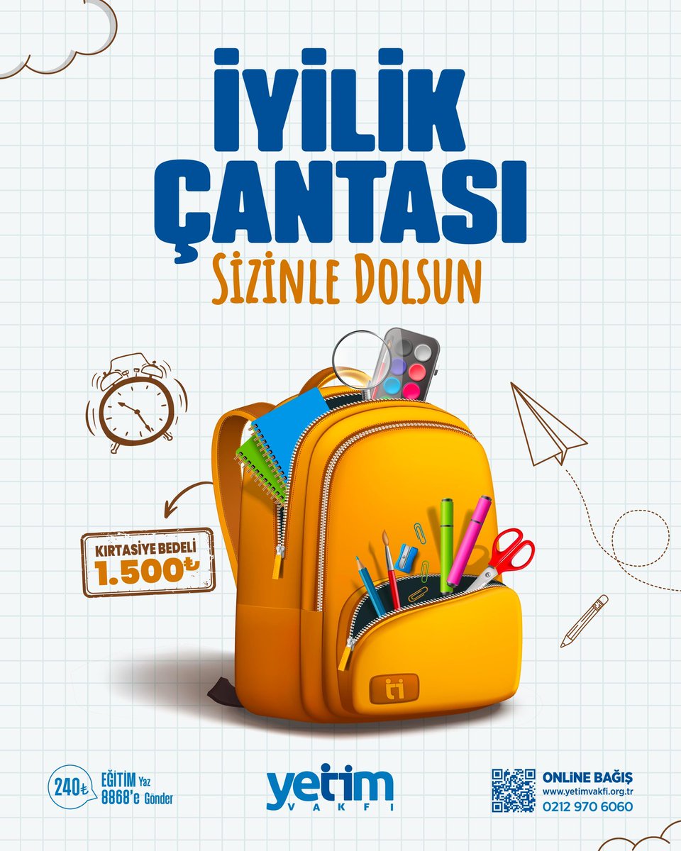 yetimvakfi's tweet photo. 🎒İyilik Çantası Sizinle Doluyor!

Yetim yavrularımızı eğitim hayatlarında da yalnız bırakmıyoruz.

🌍Başta ülkemiz olmak üzere 17 farklı ülkede 16.650 çocuğumuza kırtasiye setleri ulaştırmayı hedefliyoruz.

Siz de kırtasiye seti bağışlayarak bir çocuğun eğitim yolculuğuna destek olabilir, bir başarı hikayesine vesile olabilirsiniz.

📚 Kırtasiye Seti Bedeli: 1.500 TL

“EĞİTİM” yazıp 8868’e göndererek 240₺ bağışlayabilirsiniz. 

https://t.co/rGMbVuN0S4…

#Eğitim #İyilikÇantası
