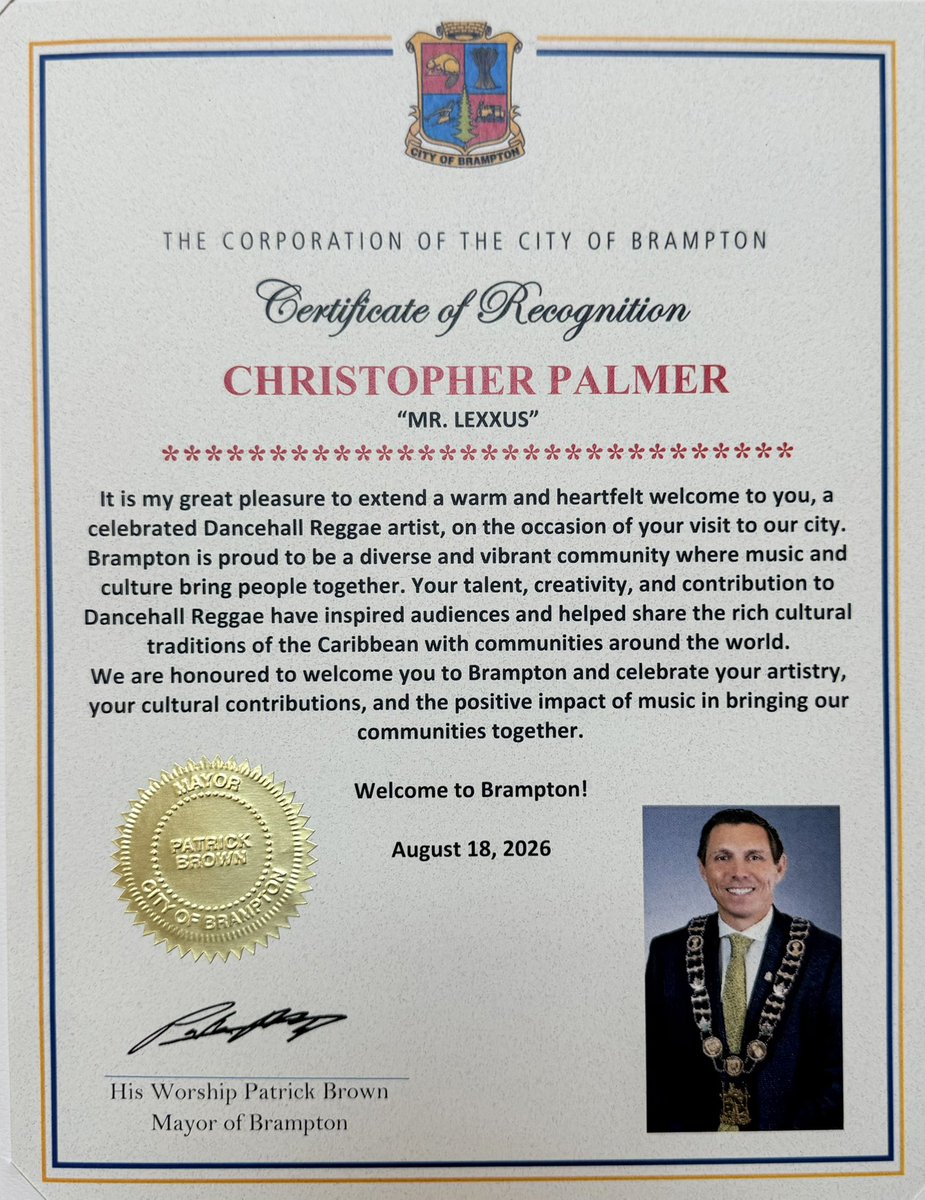therealmrlexx's tweet photo. Got honored by the City of Brampton Mayor 
Patrick Brown this morning. THANK U SO MUCH 🙌🏾
Dope a lie? 😁 I first wanna thank god for blessing me with the opportunity to do what I love for so long. Thanks to the fans #diggynation💚 I can’t say thanks enough. 🙏🏾 thank u Canada 🇨🇦 https://t.co/w3mECzBErl