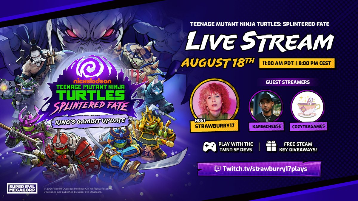 superevilmegaco's tweet photo. We're going LIVE on Twitch soon to celebrate the release of The King's Gambit update! 👑🐀 Defeat the Rat King, suit up in Samurai Armor & play as SLASH! Join @Strawburry17 , @KarimCheese, @CozyTeaGames and our devs as we drop FREE Steam keys all stream long! 🎁
Watch: https://t.co/cK1sqEOkL8
#TMNTSplinteredFate #TMNT