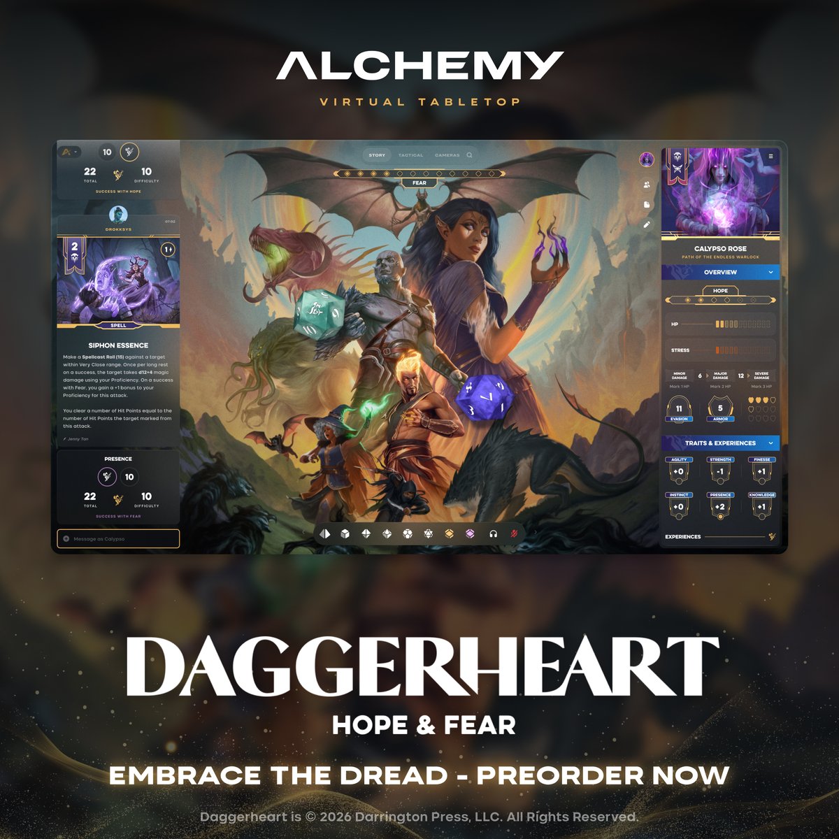 AlchemyRpg's tweet photo. Preorder Daggerheart Hope &amp; Fear on Alchemy VTT, the epic new expansion from @DarringtonPress, and take your adventures into darker, stranger genres. https://t.co/VfPDUjRMSy