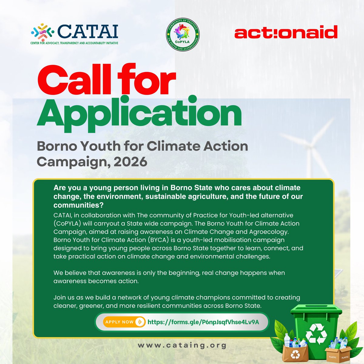CataiCenter's tweet photo. Join the Borno Youth for Climate Action Campaign!

Connect with peers, gain actionable skills, and lead the green transition in your community.

Submit your application today: https://t.co/bMTQ9mqeuZ

#Youth4GreenEco https://t.co/PsLC9vsl8M
