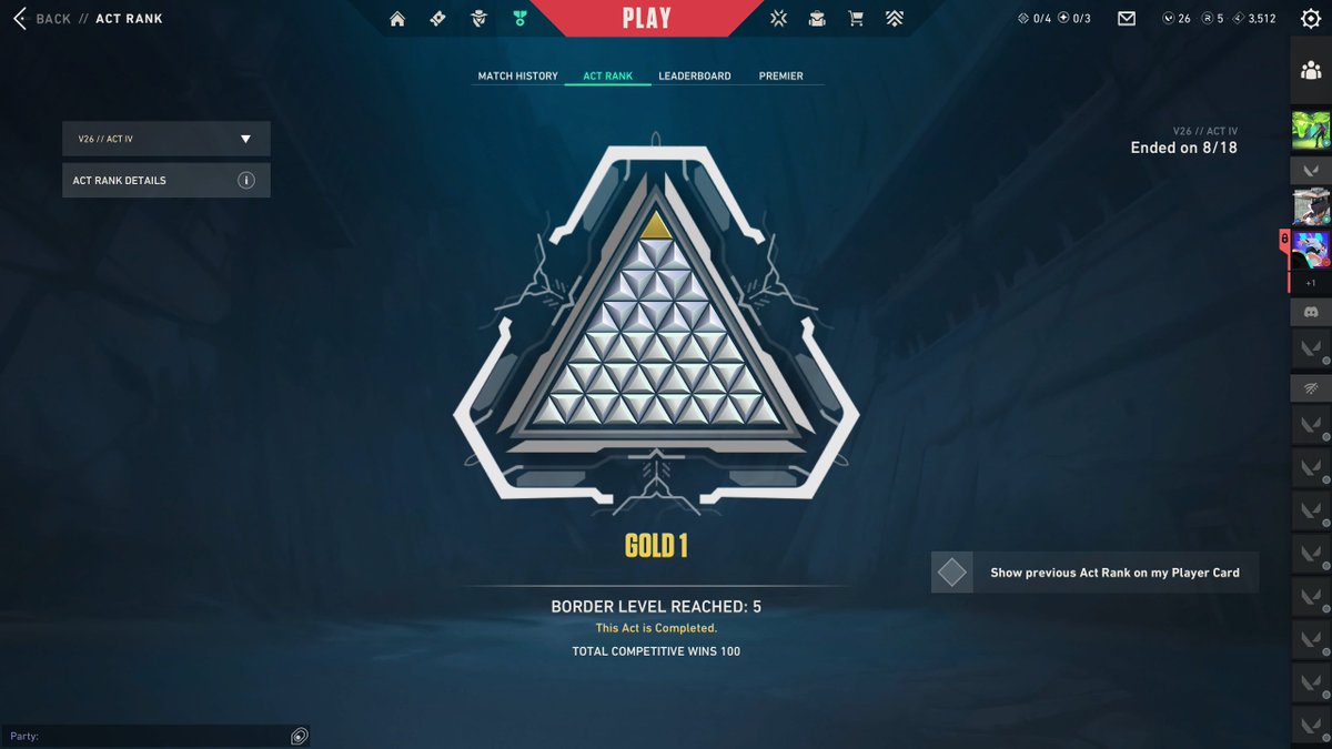 Pygowsky's tweet photo. V26 // Act IV
- Peak: Gold 1
- Wins: 100

- K/D: 1.03
- HS%: 18.8
- Win%: 50.2 https://t.co/sd6X3ncfoq