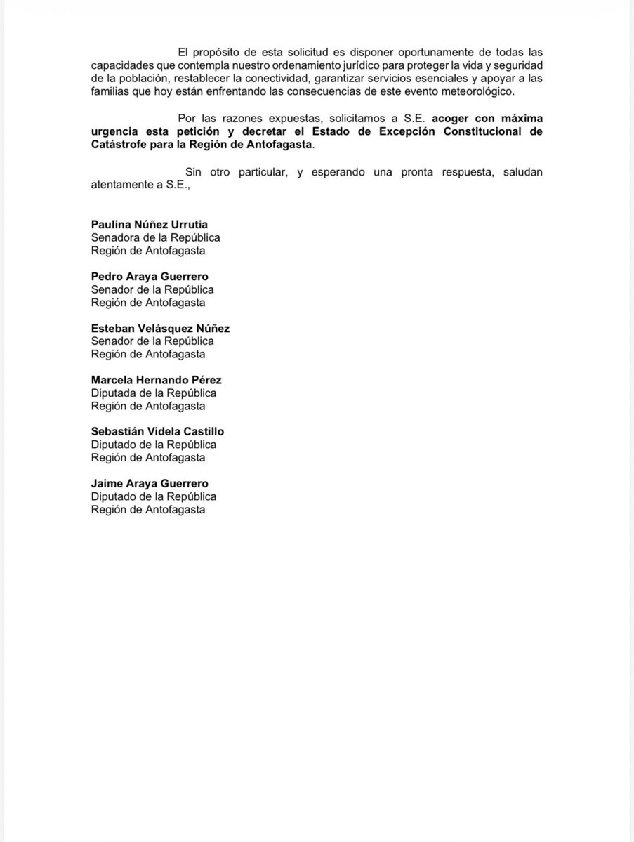 Dip_JaimeAraya's tweet photo. Junto a las senadoras y senadores Paulina Núñez, Pedro Araya y Esteban Velásquez, y los diputados Marcela Hernando y Sebastián Videla, solicitamos al Presidente Kast decretar Estado de Excepción Constitucional de Catástrofe para la Región de Antofagasta. El Estado no puede llegar tarde. @paulinanu @CalamaVelasquez @ArayaPedro @MarcelaHernando @ciudadanovidela @Dip_JaimeAraya