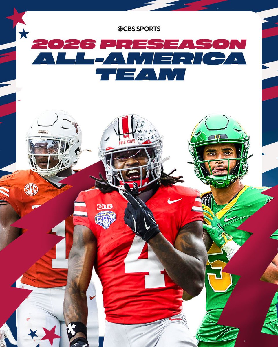 CBSSportsCFB's tweet photo. The 2026 CBS Sports Preseason All-America Team 🇺🇸

Jeremiah Smith, Colin Simmons and Leonard Moore receive unanimous honors 

Full team 🔗 https://t.co/YZIIrxS0IY https://t.co/pMg2IwYXPo