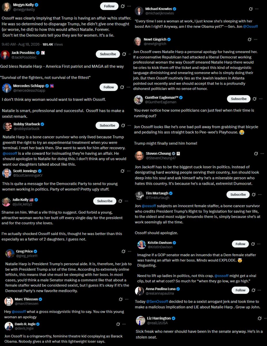 royermattw's tweet photo. Looks like the WH put out the bat signal in the influencer groupchat because hit dogs are hollerin'.

Ossoff's "travel with Natalie" is causing a nuclear-level MAGA meltdown and a lot of inference is happening from just 3 words, so Trump's camp seems to be telling on him. Yikes. https://t.co/q0oea75imt
