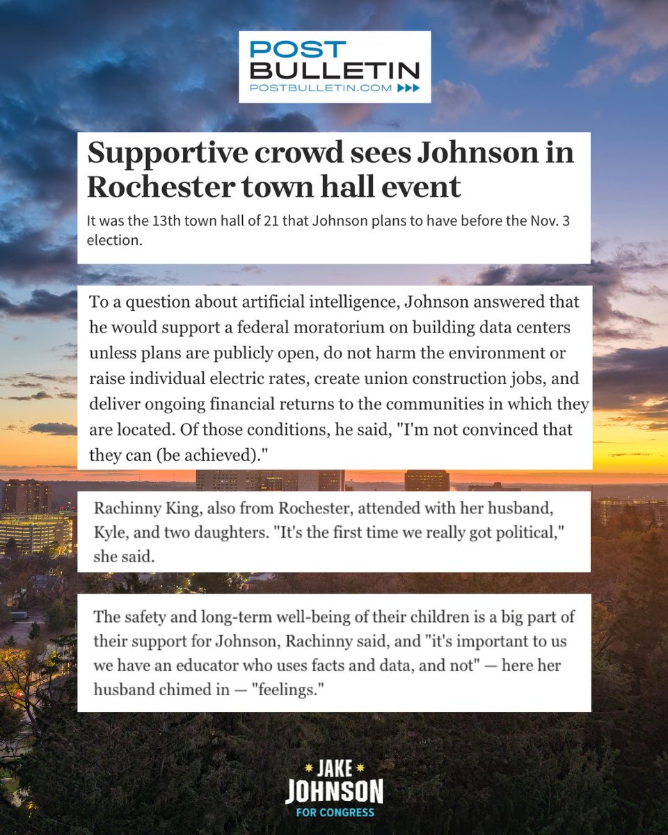 JakeJohnsonMN's tweet photo. We need a moratorium on data centers. I’ve heard about it at town hall after town hall, and we need to stop them from raising our electric bills, gobbling up our farmland, and extracting profits to tech billionaires. https://t.co/ESjIehnHl0