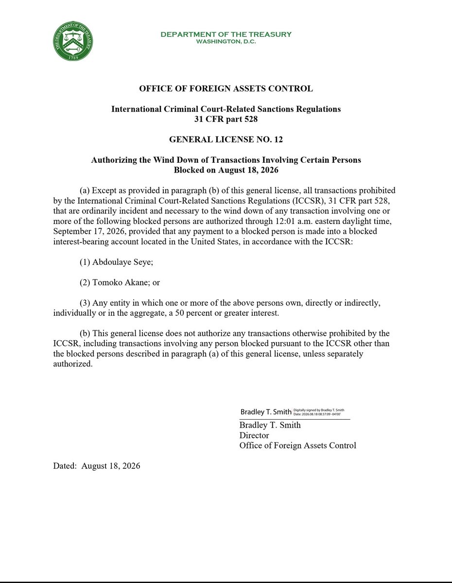 FedericoBlackB's tweet photo. OFAC anunció hoy tres medidas:

1. Sancionó a Tomoko Akane, presidenta de la Corte Penal Internacional, y a Abdoulaye Seye, funcionario de la Fiscalía de la CPI.

2. Sancionó por separado a Bluwaves Properties Limited, una empresa registrada en las Islas Vírgenes Británicas, bajo el régimen de sanciones de Venezuela. Esta empresa está relacionada con Harry Sargeant III

3. Emitió una licencia que permite cerrar operaciones que ya estuvieran en curso con Akane, Seye y las entidades que ellos controlen en 50% o más. Tiene fecha de vencimiento el 17 de septiembre.