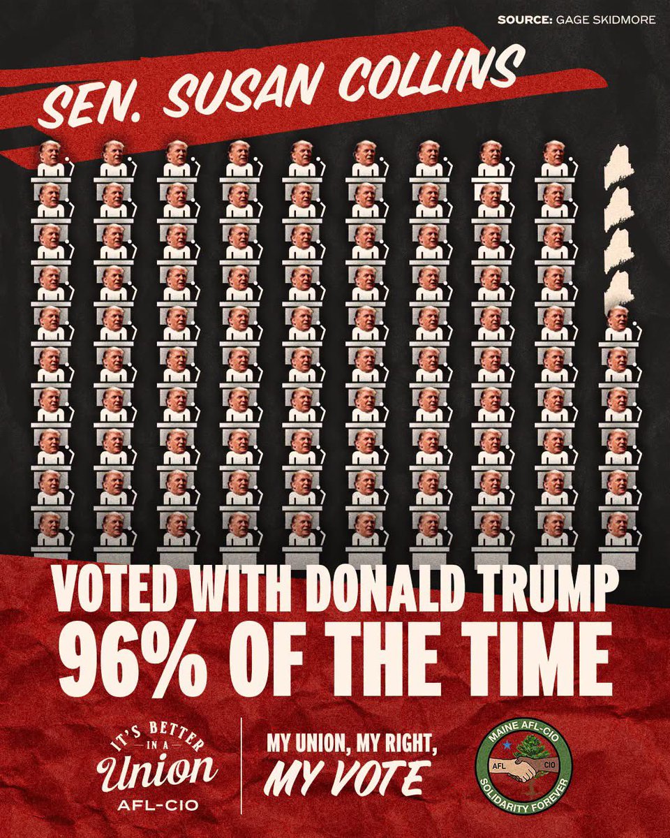 MEAFLCIO's tweet photo. Susan Collins voted to:

🚩  Eliminate health care coverage for Mainers while giving the tax cut to Elon Musk
🚩 Slash funding for rural hospitals
🚩 Supercharge ICE with no guardrails
🚩 Raise health insurance rates for self-employed Mainers https://t.co/1MwQla1S8a