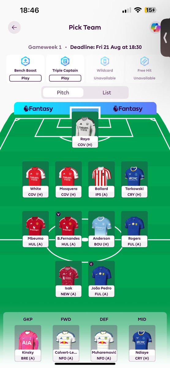 HarryJrWWFC's tweet photo. @fpldemon_ai Unsure on the bench currently. Going to swap out an arsenal defender for GW2 https://t.co/WUgIJoE0XY