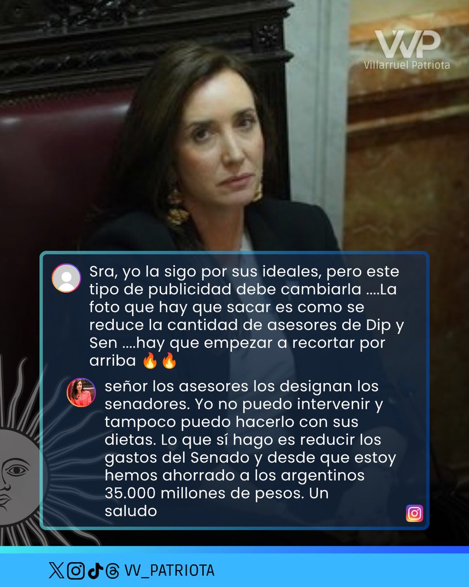 VV_Patriota's tweet photo. 💬 “Yo no puedo intervenir.”

Victoria Villarruel respondió a las críticas sobre los asesores y las dietas de los senadores y explicó cuáles son sus atribuciones al frente del Senado.

Además, destacó la reducción de gastos realizada durante su gestión, con un ahorro de $35.000 millones para los argentinos.