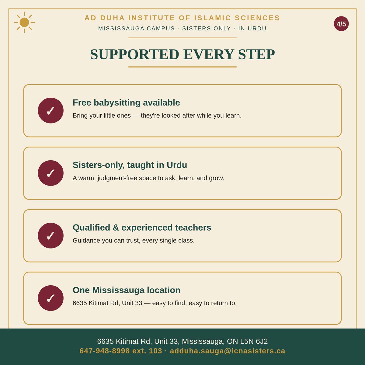 icna_sisters_mi's tweet photo. Curious how Semester 1 actually works week to week? Swipe through
Four courses, three days a week, real support (free babysitting included) so you can actually show up.
Register: https://t.co/b1S0JSq93N
Call 647-948-8998 ext. 103
#QuranDiploma #AdDuhaInstitute #MississaugaMuslims https://t.co/GZ9lnebEEO