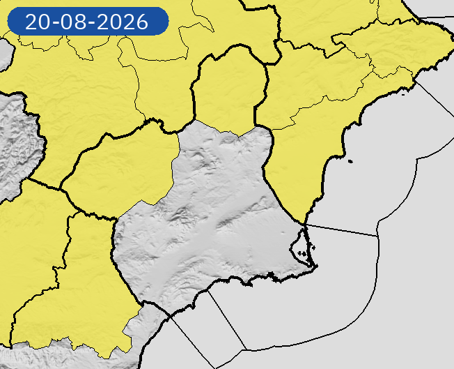 112rmurcia's tweet photo. ACTUALIZACIÓN: Avisos de fenómenos meteorológicos adversos por lluvias y tormentas para el jueves 20 de agosto, emitidos por la #AEMET

🟡 Nivel amarillo – Lluvias hasta 15 l/m2 y tormentas en Altiplano y Noroeste, de 12:00 a 22:00 horas, con una probabilidad entre el 40%-70%.
Un aviso de nivel amarillo por tormentas indica que en la zona de aviso afectada se prevén tormentas fuertes.
Dado el carácter de estos fenómenos existe la posibilidad de que se puedan producir tormentas de intensidad superior de forma puntual.