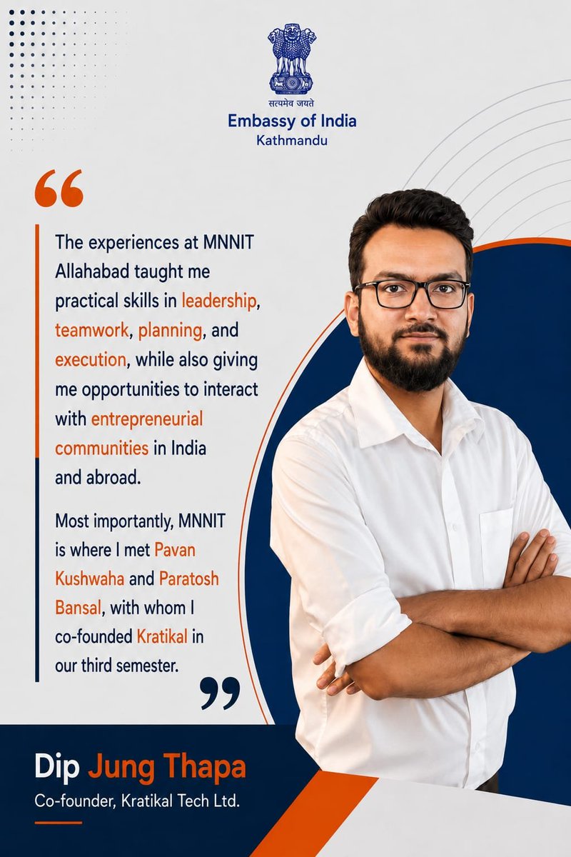 IndiaInNepal's tweet photo. 𝗘𝗱𝘂𝗰𝗮𝘁𝗶𝗼𝗻 𝗮𝗻𝗱 𝗢𝗽𝗽𝗼𝗿𝘁𝘂𝗻𝗶𝘁𝗶𝗲𝘀 𝗶𝗻 𝗜𝗻𝗱𝗶𝗮 - 𝗦𝘁𝗼𝗿𝘆 𝗼𝗳 𝗗𝗶𝗽 𝗝𝘂𝗻𝗴 𝗧𝗵𝗮𝗽𝗮, 𝗖𝗼-𝗙𝗼𝘂𝗻𝗱𝗲𝗿 𝗼𝗳 𝗞𝗿𝗮𝘁𝗶𝗸𝗮𝗹 𝗧𝗲𝗰𝗵 𝗟𝘁𝗱.

Mr. Dip Jung Thapa @dipjungthapa, Co-founder of @kratikal shared his experiences with @IndiaInNepal, reflecting on how his education and experiences in India shaped his career and professional journey.

Full Interview 🔗 https://t.co/iczIBOrPWx

Key Highlights 👇

@MEAIndia @IndianDiplomacy @navsri6619 @DDNewslive @PIB_India