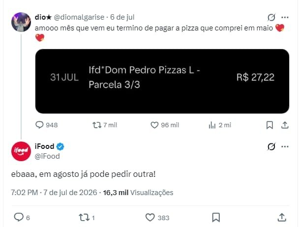 opapoeconomico's tweet photo. Pizza em 3x no iFood. Parcela 3/3: R$ 27,22. E o iFood respondeu: "ebaaa, em agosto já pode pedir outra!"

O perfil do endividamento brasileiro em uma imagem. https://t.co/1mHolMcUcg
