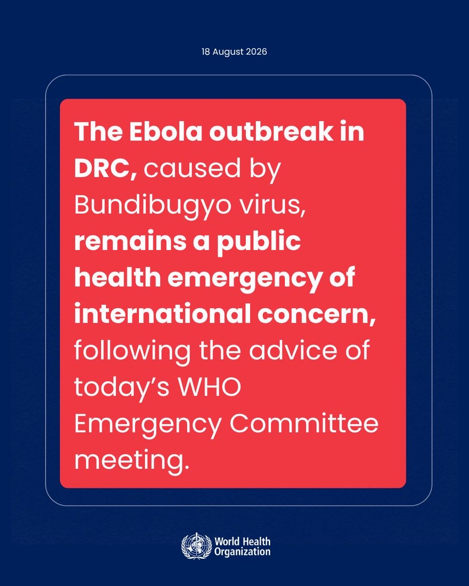 DrTedros's tweet photo. The #Ebola outbreak in #DRC remains a public health emergency of international concern, following the advice of today’s @WHO Emergency Committee meeting.

We call for the cooperation of all governments and all partners, working together as one, to scale up efforts even further, and raise the resources needed to protect communities over the coming months. 

Updated recommendations to the government of DRC and other countries at risk will be issued in the coming days.