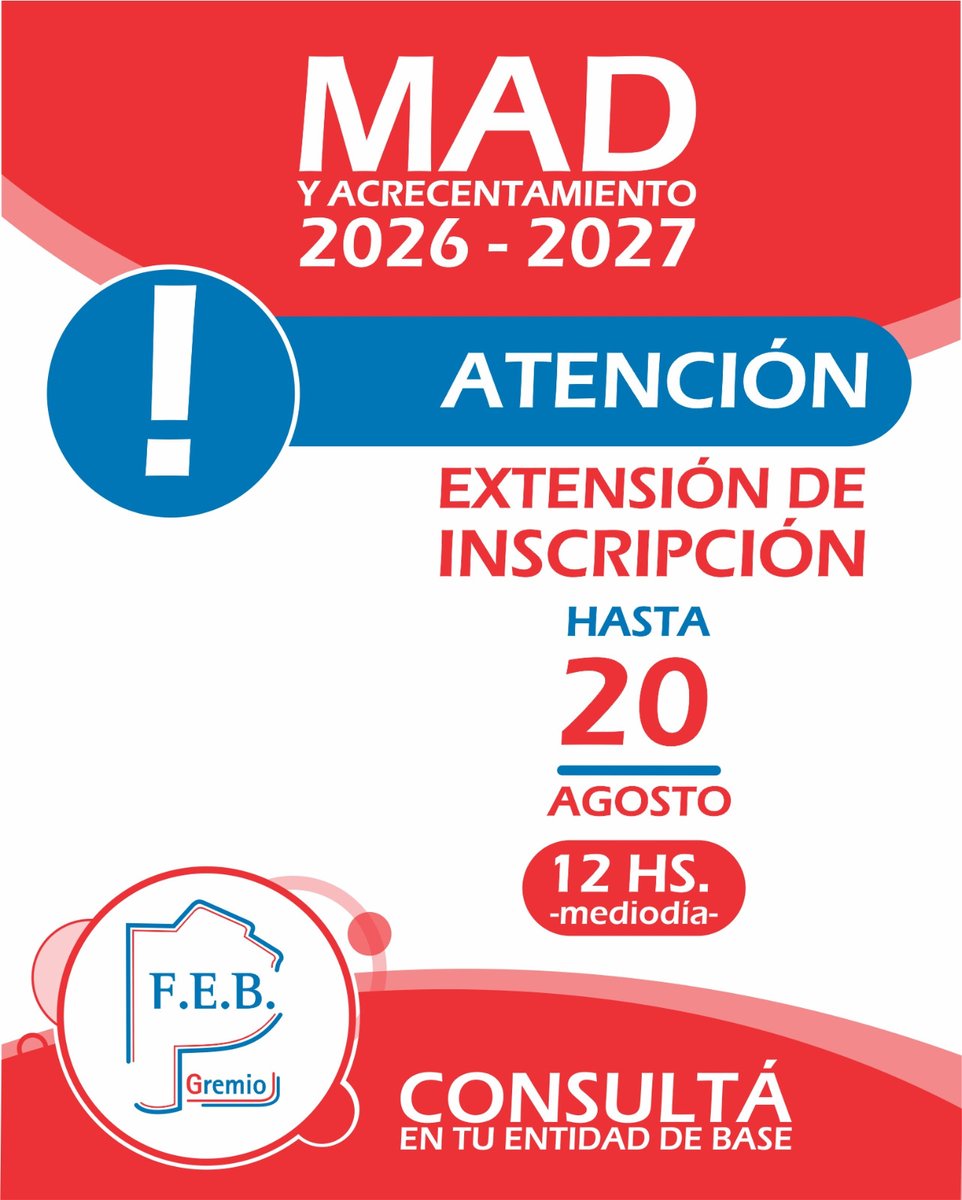 LaFEB's tweet photo. 🔴 MAD Y ACRECENTAMIENTO 🔴
🗓️ Extensión de Inscripción
📱 Gestioná tu inscripción en el aplicativo oficial de MAD/Acrecentamiento

📌 Consultá en tu Entidad https://t.co/2KeIUbbYGA