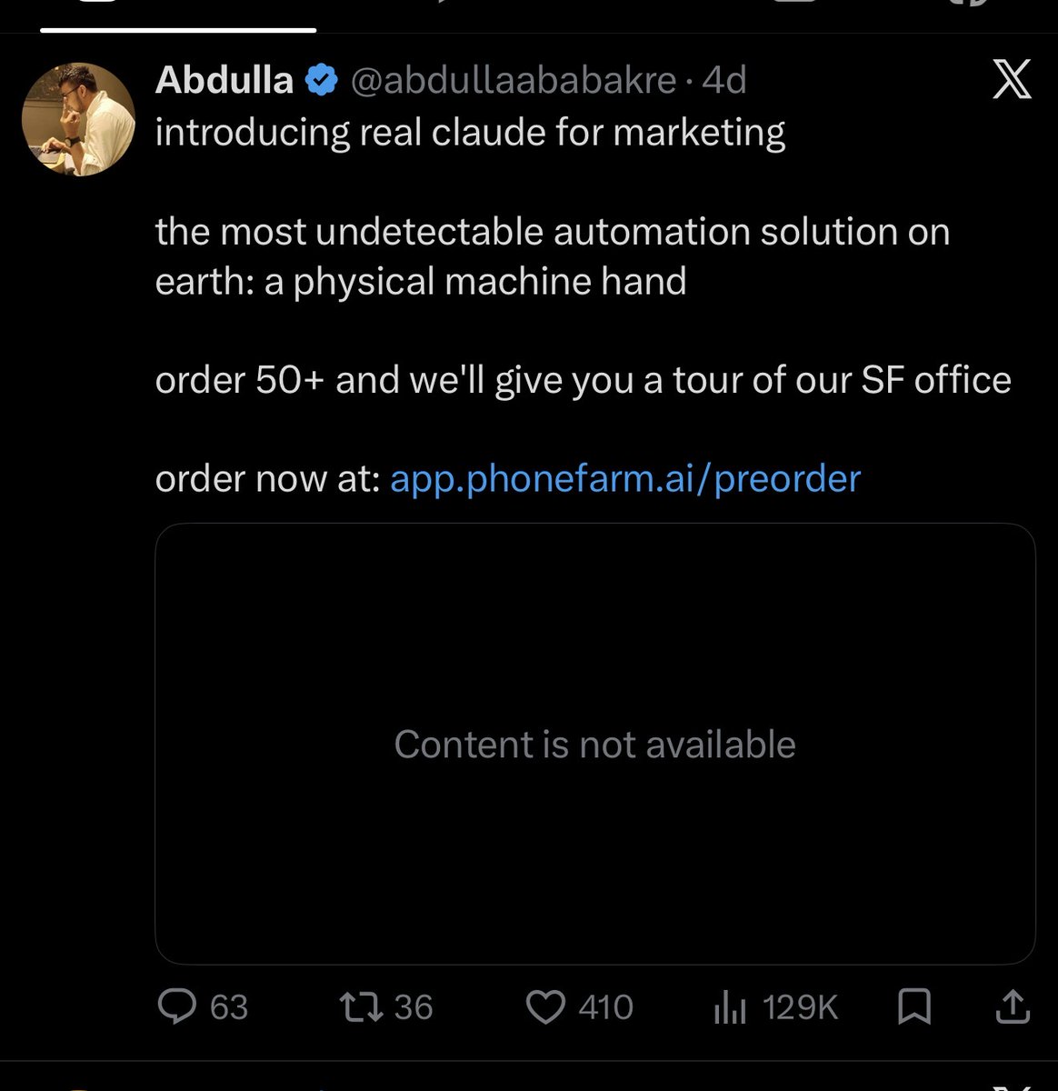 abdullababakre's tweet photo. to @nikitabier and @elonmusk

my name is Abdulla Ababakre. I’m the ceo of InterviewCoder and phoneFarm[.]ai

I’m sorry for what I did recently

I let AI agents control the real phones. It went semi-viral and within a few hours,  you personally bought the product(i was honored) but short after my personal X account got suspended.

I understand why

but I’m not the enemy. the Chinese, russian, and Iranian  bots are. I’m just a guy in sf trying to build a generational company.

I genuinely love this app, and I want to help protect it. I think what I’ve learned building PhoneFarm can actually help with bot detection

I’ve emailed several times but haven’t heard back. My DMs are open.

— Abdulla Ababakre