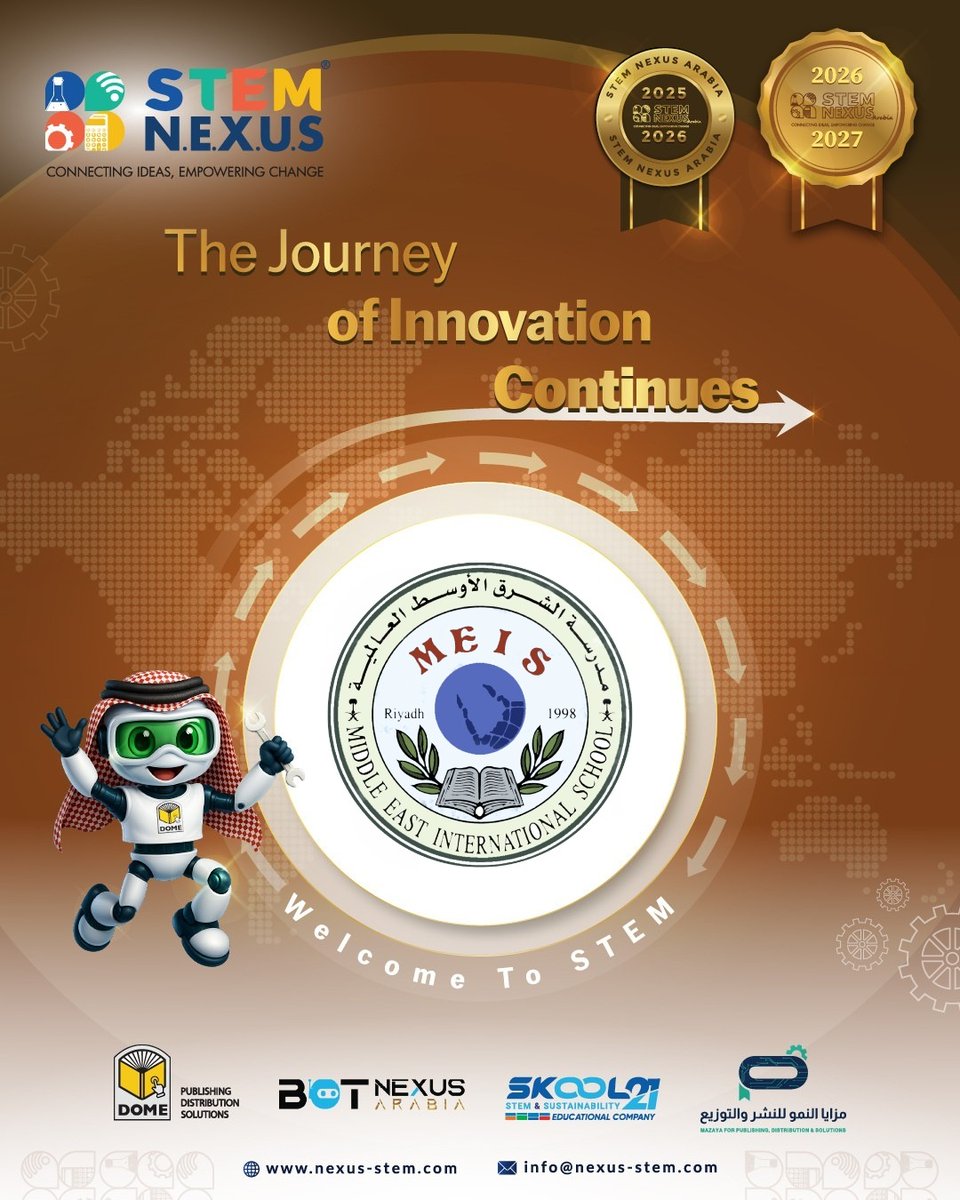 STEM_Nexus_'s tweet photo. Our journey with Middle East International Schools continues in 2026/27—another year of learning through exploration, thinking &amp; doing.
تستمر مسيرتنا مع مدارس الشرق الأوسط العالمية، لنكمل ما بدأناه ونفتح فصلاً جديداً من التعلم.
https://t.co/GdSHYg6IAU
#STEMNexus https://t.co/yXI1QQ31Pk