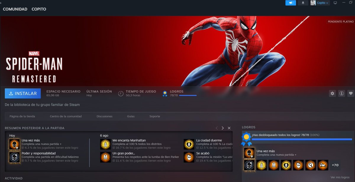 CopitoWins's tweet photo. 19- Spider-Man Remastered.
Nunca me ha gustado Marvel pero Spiderman es la excepción, recuerdo jugar al juego de la playstation 2 y no poder apagar la consola porque no tenia memory card, así que platinar este juego ha sido como volver a ese juego en parte.Lo he disfrutado mucho. https://t.co/3Ygxh0tCuo