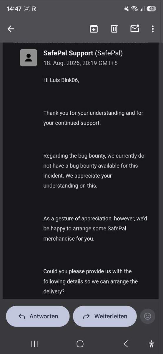 f75919's tweet photo. Phishing warnings are important, but so is recognizing the people who help uncover and escalate the underlying security issue.

@luis_blnk warned the $QANX community about suspicious SafePal-related phishing activity days before SafePal publicly disclosed the breach.

He contacted SafePal support, followed up repeatedly and appears to have played a significant role in bringing attention to the issue.

Yet @SafePal says there is no bug bounty available and offered merchandise instead.

Responsible security awareness deserves meaningful recognition. Not a merchandise hoodie

Full timeline and screenshots in the thread below 👇