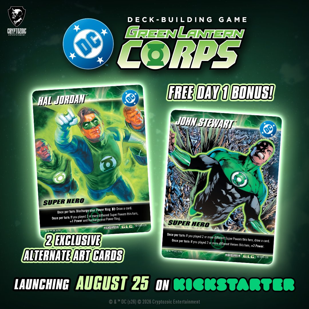 Cryptozoic's tweet photo. DC Deck-Building Game: Green Lantern Corps is hitting Kickstarter on August 25!

Join us on Day 1 to receive 2 FREE alternate art Character cards featuring Hal Jordan and John Stewart, available exclusively through this Kickstarter campaign!

https://t.co/MS6RTwFrA8 https://t.co/InBMeQODYA